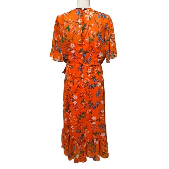 Calvin Klein Floral Chiffon Wrap Midi Dress Flutter Sleeves Ruffle Hem Orange 14 - Picture 7 of 13